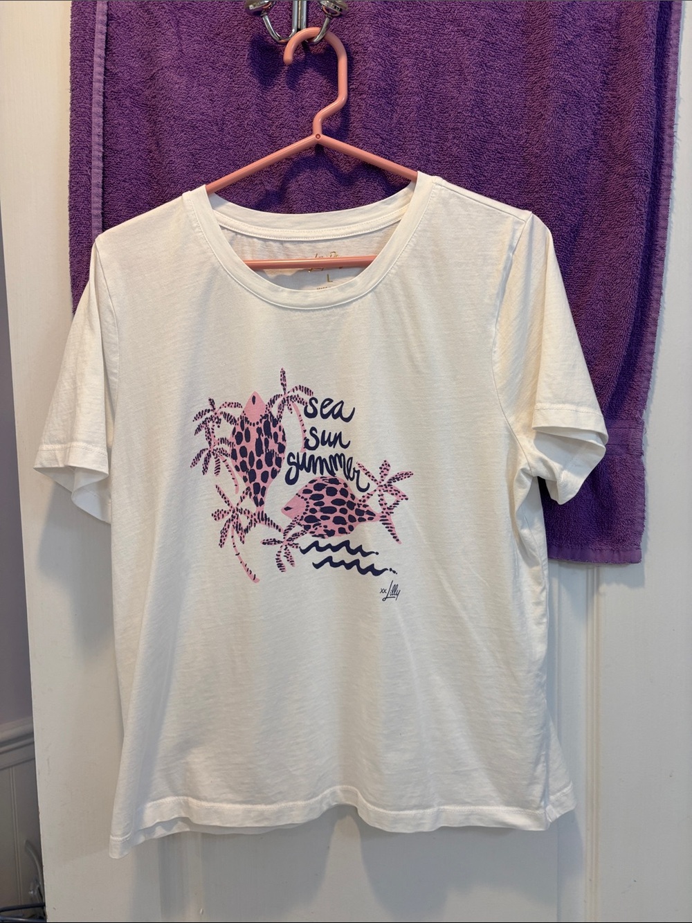 Lilly Pulitzer White Tee with Pink & Purple Tropical Graphic